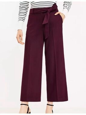 LOFT Wide-Leg Tie-Waist Pants in Deep Burgundy
